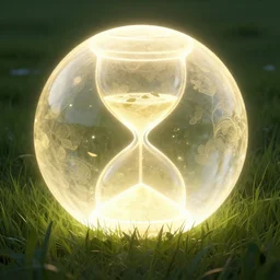 unwind!, a 8k concept illustration of a large glowing ball, superimposed over an 8k field of grass. The surface of the sphere glows softly in the shape of an hourglass, and has a filigree texture that gives the impression of swirling leaves or butterflies.