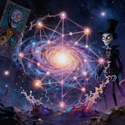 epic galaxy bender experiencing the quantum field, elevated consciousness, beautiful astrological neural network, bob ross matte painting and tim burton comic book art, realistic, trending on artstation, sharp focus, depth of field, cinematic composition, physics splashes of colors, octane render