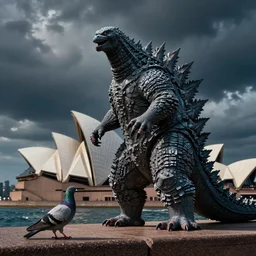 a pigeon as Godzilla in Sydney, Australia