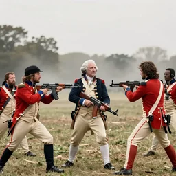 joe rogan, george washington, keanu reeves, with ak 4 7 and ar 1 5 s fighting against the redcoats in the revolutionary war