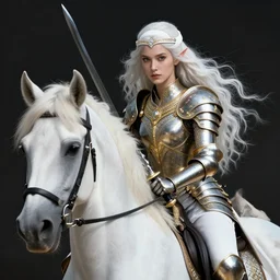 a fantast portrait walkyrie candice swanepoel riding a white horse, with a curved sword, platinum white wavy long hair, white headband in the front with diamonds, jewelry body armor in golden and silver colors, pointy ears, detailed face, epic masterpiece of cinematographic hyperrealism, realistic shaded lighting poster by craig mallismo, artgerm, jeremy lipkin and michael gar