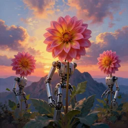 giant dahlia flower head robots, mechanical, creating the mountains, surreal photography, sunrise, dramatic light, impressionist painting, colorful clouds, digital painting, artstation, simon stalenhag