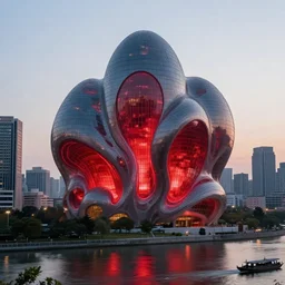 An epic architectural rendering of a blob shaped trypophobia house with a mysterious red glow emitting from inside in a modern cityscape next to a river, stunning, gorgeous, golden ratio, photorealistic, featured on artstation, 4k resolution