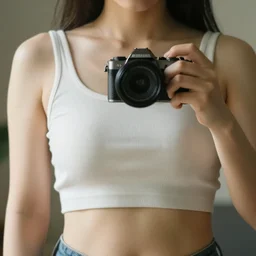girl dressed in underboob top, camera 6 0 0 0 mm