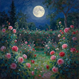 A beautiful oil painting of a garden filled with roses and trees, nighttime, bright moonlight, big moon, high contrast colors, magical atmosphere, by greg rutkowski, trending on artstation