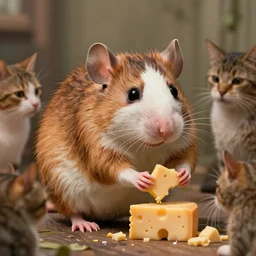 photo, emma watson as anthropomorphic furry - rat, 6 5 5 5, she is a real huge fat rat with rat body, cats! are around, eating cheese, highly detailed, intricate details