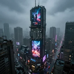 dystopian cityscape, high rises, billboard ads, neon signs, overcast, foggy, raining, depressing, ominous, imposing, industrial, cyberpunk, view from above, dramatic illumination, multi colored lighting, highly detailed, ultra realistic, 8 k, by greg rutkowski, by nathan walsh