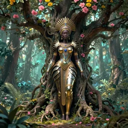 illustration neo - baroque cinematic super expressive! yoruba goddess with exoskeleton armor, merging with tree in a forest, pink yellow flowers, highly detailed digital art masterpiece, smooth etienne sandorfi eric zener dramatic pearlescent soft teal light, ground angle uhd 8 k, sharp focus
