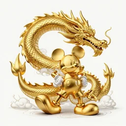 a detailed photograph 4 k of a dragon drawing a comic about mickey mouse made of gold
