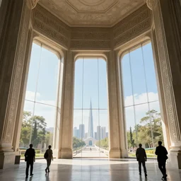 the inside of a monument with greek motifs, by tim blandin and arthur haas and bruce pennington and john schoenherr, big windows architecture by zaha hadid, octane render, cinematic, scenery, cgsociety, modernism, futuristic, trending on artstation, sci - fi, high detail, high quality, close up angle, people walking