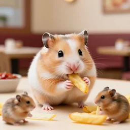 detailed photo of a hamster eating fries, fancy restaurant, various poses, full body, unedited, daylight, dof 8 k