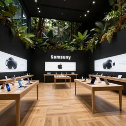 A flagship Samsung Apple Xiaomi Microsoft Oculus gadget store. black walls. timber floor. high ceilings with spots. internal overgrown lush forest plants. modern wood furniture with phones and tablets, large digital screens with videos on the walls. Minimalist, High-tech environment, warm and happy, clean shapes, inviting. Architectural photography, 14mm, High Res 8K. award winning architectural design, inspired by Arne Jacobsen, Niels Otto Møller, Verner Panton, Scandinavian Design