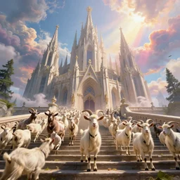 a herd of goats! on stairs in a beautiful fantasy cathedral, epic, grandiose, many goats, magic, tall towers, gorgeous clouds, colorful, sunrays, digital painting, landscape, octane render, unreal engine, high detail, very realistic, by jacek yerka