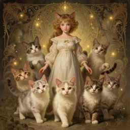 clear portrait of a pack of kittens, cottagecore!!, background hyper detailed, character concept, full body, dynamic pose, glowing lights!! intricate, elegant, highly detailed, digital painting, artstation, concept art, smooth, sharp focus, illustration, art by artgerm and greg rutkowski and alphonse mucha