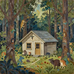 a cabin in the woods with hiding creatures by matthew forsythe, detailed, intricate, paper collage, oil on canvas by chuck groenink