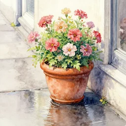a beautifull intricate watercolor painting of potted planter with flowers inside sitting on wet sidewalk, reflexions, high details by stephanie law art