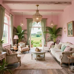 Shabby-chic style room with distressed furniture and pastel colors, pleasant interior design, pink and green colors, Tropical interior lighting, rural view, pleasant design, messy, style of Elizabethan, 4k, wide perspective, grand composition, concept art, highly detailed, sublime, dramatic, cinematic, octane