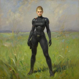 oil painting of tracer overwatch in a field of grass wearing black uniform, in style of ivan aivazovsky, detailed face, detailed eyes, full body, feminine face,