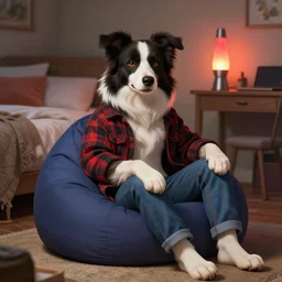photo of a anthropomorphic furry border collie fursona wearing a flannel and jeans sitting on a beanbag chair in his bedroom, bed, desk, lava lamp, deep focus, highly detailed, digital painting, artstation, concept art, matte, sharp focus, illustration, art by artgerm and greg rutkowski and alphonse mucha