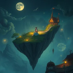 ilustration of a woman sitting on the edge of a floating island, whimsical, detailed, volumetric lights, intricate details, raytracing, great complexity, trending on artstation by james c christensen and mandy jurgens