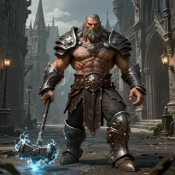 detailed realistic face full body portrait octane render of a muscular beautiful goliath in daedric - armor, ultra wide shot, battlehammer with icemagic, poising for the camera, on an medieval gothic street, in the style of greg rutkowski and hans zatzka, digital art, sharp focus, highly realistic