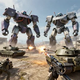 battlefield with troops firing at giant robots, fps view, video game, ultra graphics, tanks, hyperdetailed, artstation, cgsociety, 8 k