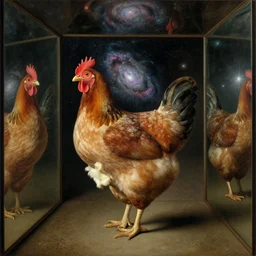a chicken in a hall of mirrors, chicken nebula, by jan van eyck