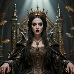highly detailed closeup portrait of a goth medieval queen wearing a crown and sitting on a throne, nicoletta ceccoli, mark ryden, earl norem, lostfish, global illumination, god rays, detailed and intricate environment