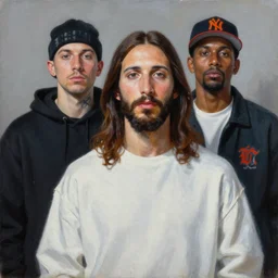 a portrait of jesus wearing virgil abloh and jerry lorenzo streetwear by nicola samori, oil painting, realistic, 8 k, fear of god style