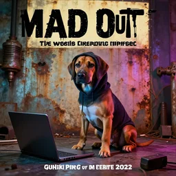 poster of the brown hound dog pup - hooded mad mutt mixing industrial music on a laptop in an apocalypsecore setting, as strange colored lighting covers the rusty walls.