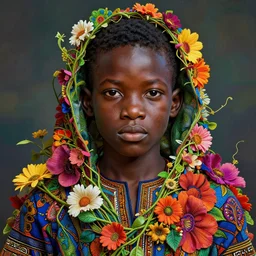 colourful vfx art - portrait of nigerian boy wrapped in flowers & vines, art by utagawa kunisada & james jean, volumetric light, ray tracing, unreal engine, octane render, sharp, detailed, digital painting, illustration, highly detailed, intricate detail, pinterest, behance, art station,
