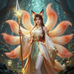 ahri by yuumei | by wlop | fantasy | ornate traditional chinese gown | holding a glowing spear | mystical forest | dragon | digital | very detailed | by natalie shau | portrait | the nine - tailed fox | league of legends | peter mohrbacher