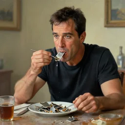 a surreal painting of chuck norris eating metal shards for breakfast, realistic, hdr, clear image,