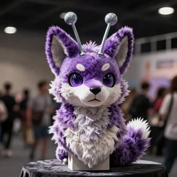 A bust photograph taken at a furry convention of a purple dog fursuit with alien antennas