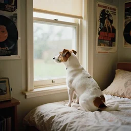 photography of a Jack Russel . watching outside the window. on a bed. in a 70's room full of vinyls and posters, photorealistic, award winning photo, 100mm, sharp, high res