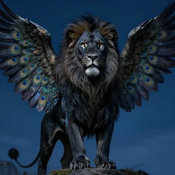 black lion with peacock wings, night sky, by michael whelan and james gurney, epic, fantasy illustration, intricate, hyper detailed, concept art, smooth, sharp focus, vibrant, photorealistic, digital painting