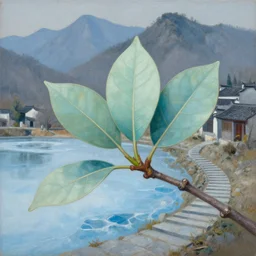 a gorgeous painting by barlowe wayne maxfield parrish and marco mazzoni. a very close - up shot on a branch with 3 leaf!! china mountain village!! grey blue and light verdancy. the lake ice is melting. the winding stone steps. ultra clear detailed. 3 d, octane render. 8 k