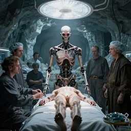 operating theater inside ruined underground glacier city with legless torso of cyborg cenobite with red glowing eye staring at camera, by greg rutkowski, zdzisław beksinski, h. r. giger, anato finnstark, and rembrandt