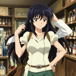 anime visual, portrait of a young female traveler in a alchemist's potion shop interior shopping, anime poster, psycho - pass,, blue submarine no 6, makoto shinkai, dynamic pose, crisp and sharp, detailed facial features, anime poster, ambient light.