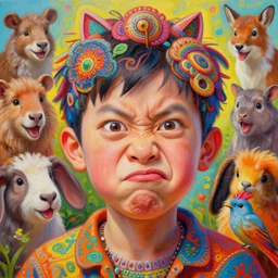 a bright colorful intricate and very detailed photorealistic painting of a funny looking character. the character is making a silly face and the background is filled with happy looking animals. high quality. photorealistic. hq. hd. 4 k. award winning. trending on artstation