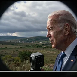 trailcam footage of Joe Biden investigating the caamera, closeup, mild fisheye
