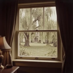 inside of a warmly - lit victorian - era home, looking out the window into a large front yard populated with willow trees, faded daguerreotype, 1 9 1 0 s photography