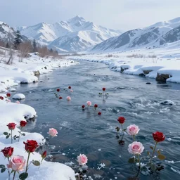an epic cg matte paint ing, roses are frozen in a long river with a snow - white mountain range in the background, extreme long shot, unreal engine, ultra hd, highly detailed by zeen chin