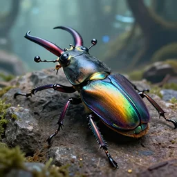 detailed photo of rainbow stag beetle shaped alien vehicle, 8 k, by daniel mcgarry, xiaolong wang, trending on artstation, hyper detailed, beautiful lighting, epic environment