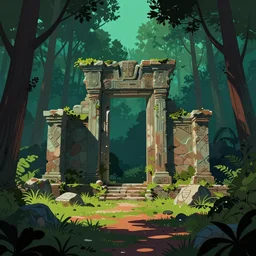 ancient ruins in the forest, retrowave art, trending on art station