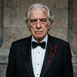 hd, hyperealistic, 4 k, artstation, professional photography of a stone - faced, elderly musician staring fowards at the camera with blood on his tuxedo