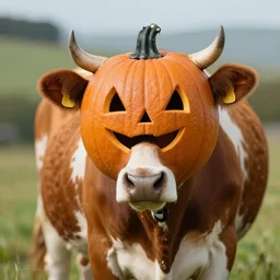cow with prosthetic pumpkin head, photorealistic, 8 k