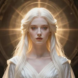 goddess, pale, holy, gorgeous, white dress, symmetrical face, high fantasy, concept art, Disco Elysium, warm lighting