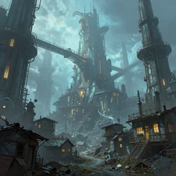 landscape painting of the slums at the bottom of a fantasy metal steampunk city that has a light blue glow with walkways and lit windows, magali villeneuve, artgerm, rutkowski