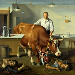 a butcher shop, an anthropomorphic cow is the butcher, the cow is slaughtering the humans, painting, by salvador dali, surrealism